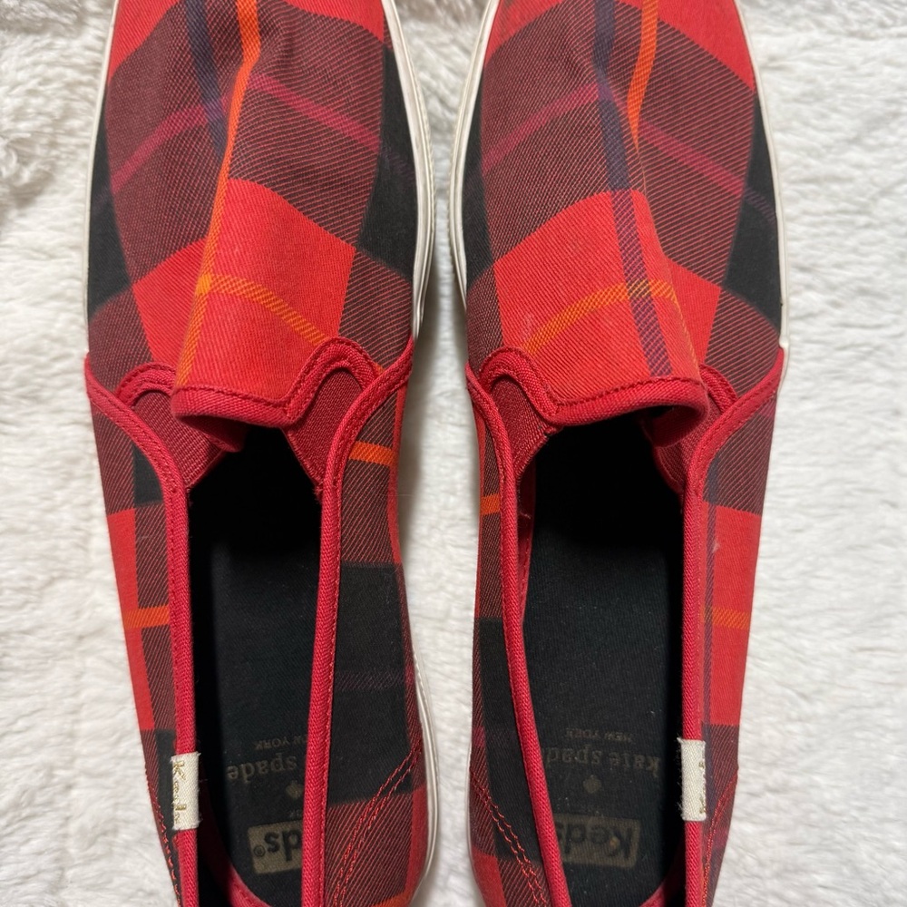 Kate Spade for Keds Red and Black Plaid Slip-On Sneakers Sz 9.5
